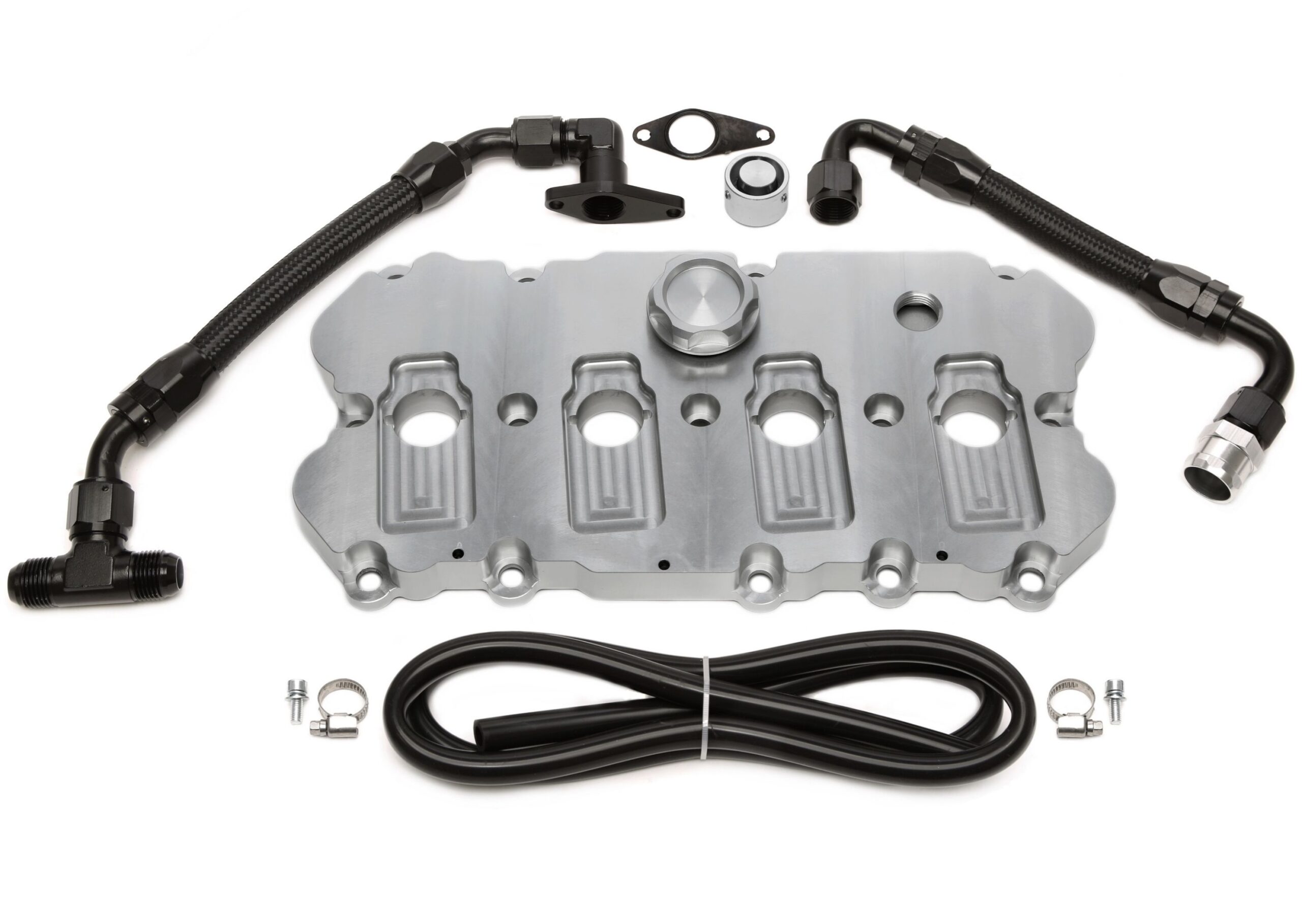 Alu gefräster Ventildeckel in silber mit KGE Kit passend für Audi / Seat / Skoda / VW der MQB-Plattform (EA113)