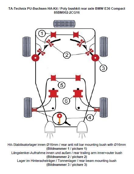 PU-Buchsen Kit 14-teilig / Hinterachse mit Ø 16mm Stabi / passend für BMW 3er Serie E36 Compact / Z3 Roadster/Coupe