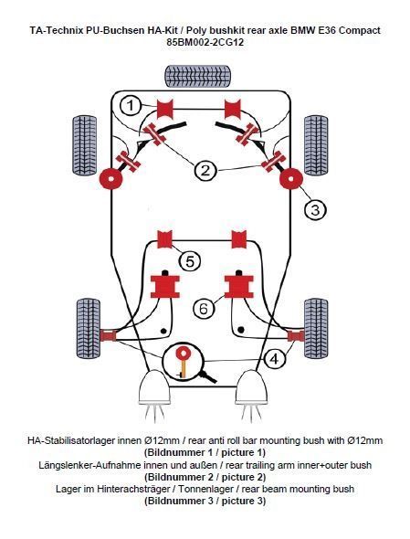 PU-Buchsen Kit 14-teilig / Hinterachse mit Ø 12mm Stabi / passend für BMW 3er Serie E36 Compact