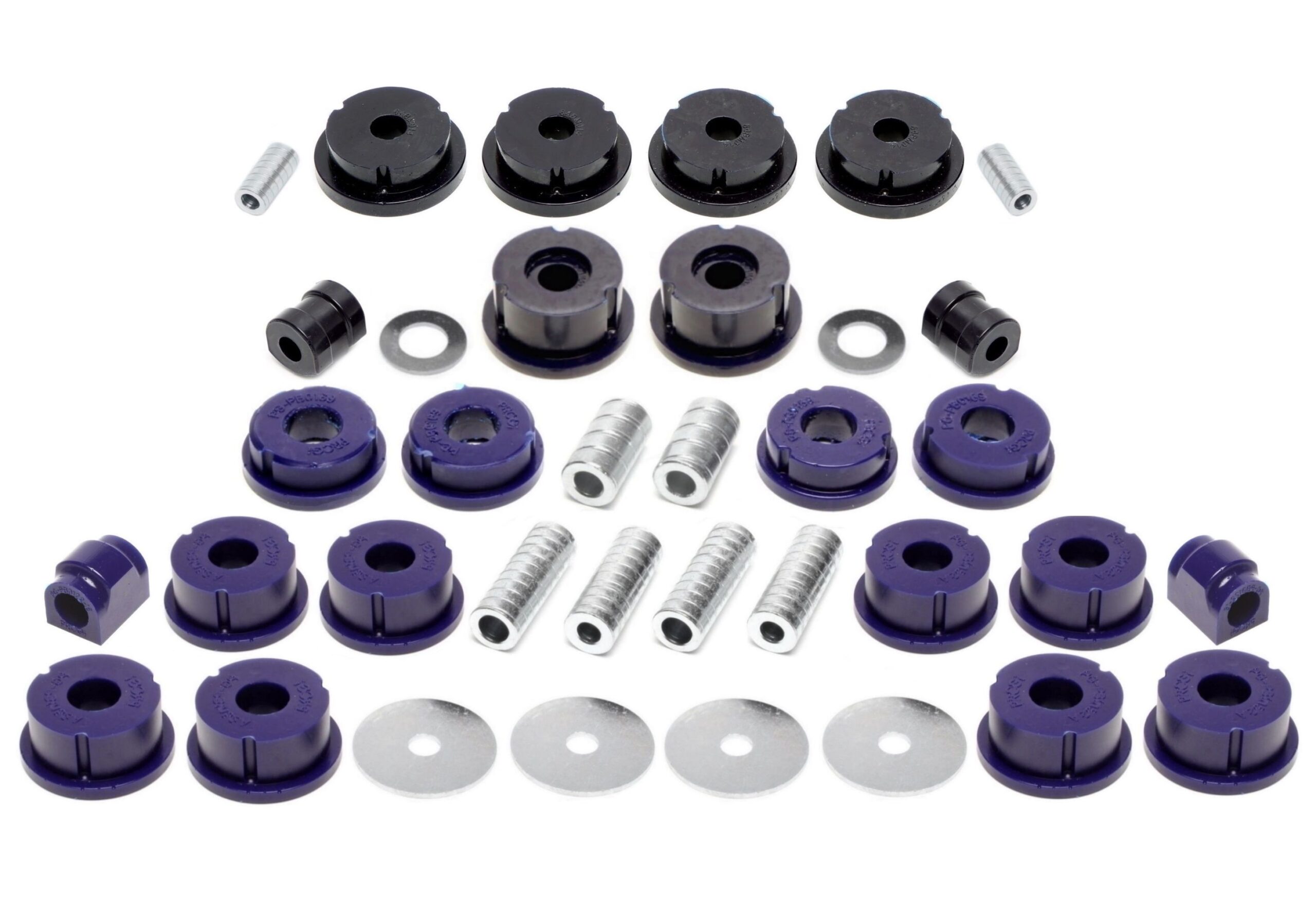 PU-Buchsen Kit 38-teilig / Vorderachse+Hinterachse / Vorderachse mit Ø 24mm Stabi / Hinterachse mit Ø 20mm Stabi / passend für BMW 3er Serie E36