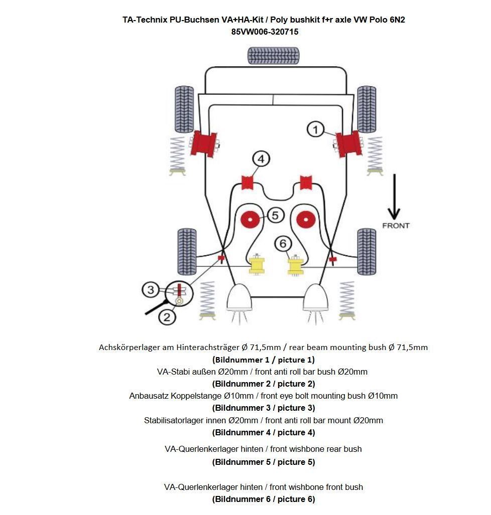 PU-Buchsen Kit 30-teilig / Vorderachse mit 20mm Stabi +Hinterachse Ø 71,5mm / passend für VW Polo 6N2