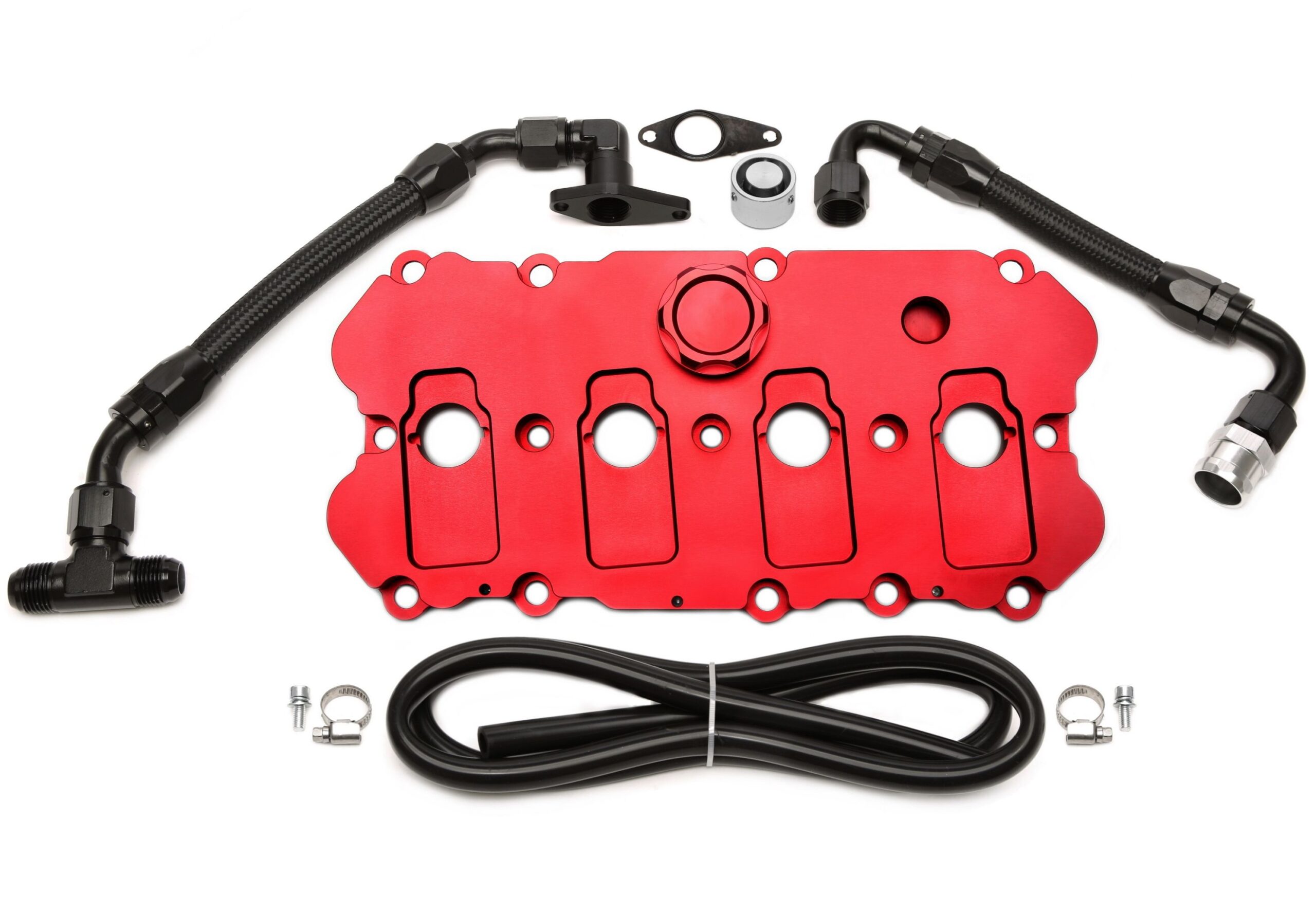 Alu gefräster Ventildeckel in rot mit KGE Kit passend für Audi / Seat / Skoda / VW der MQB-Plattform (EA113)